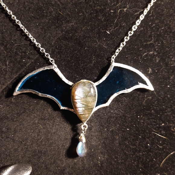Gothic Gargoyle Jewelry - Stained glass bat labradorite necklace